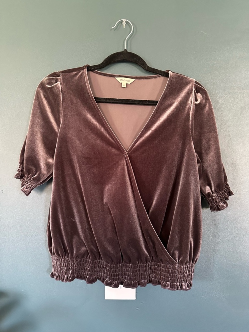 Madewell Velvet Surplice Short Sleeve Top in charcoal gray